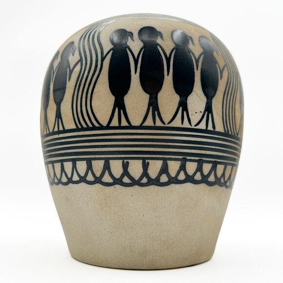 Saura or Warli Indian Tribal Folk Art Black Cream Ceramic Vase Urn w Children - Picture 12 of 13